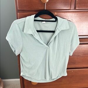 Green Relaxed Crop Top with Notched Collar